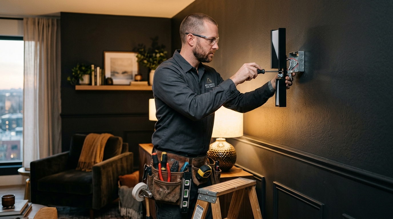 Professional handyman installing light fixture in a modern home